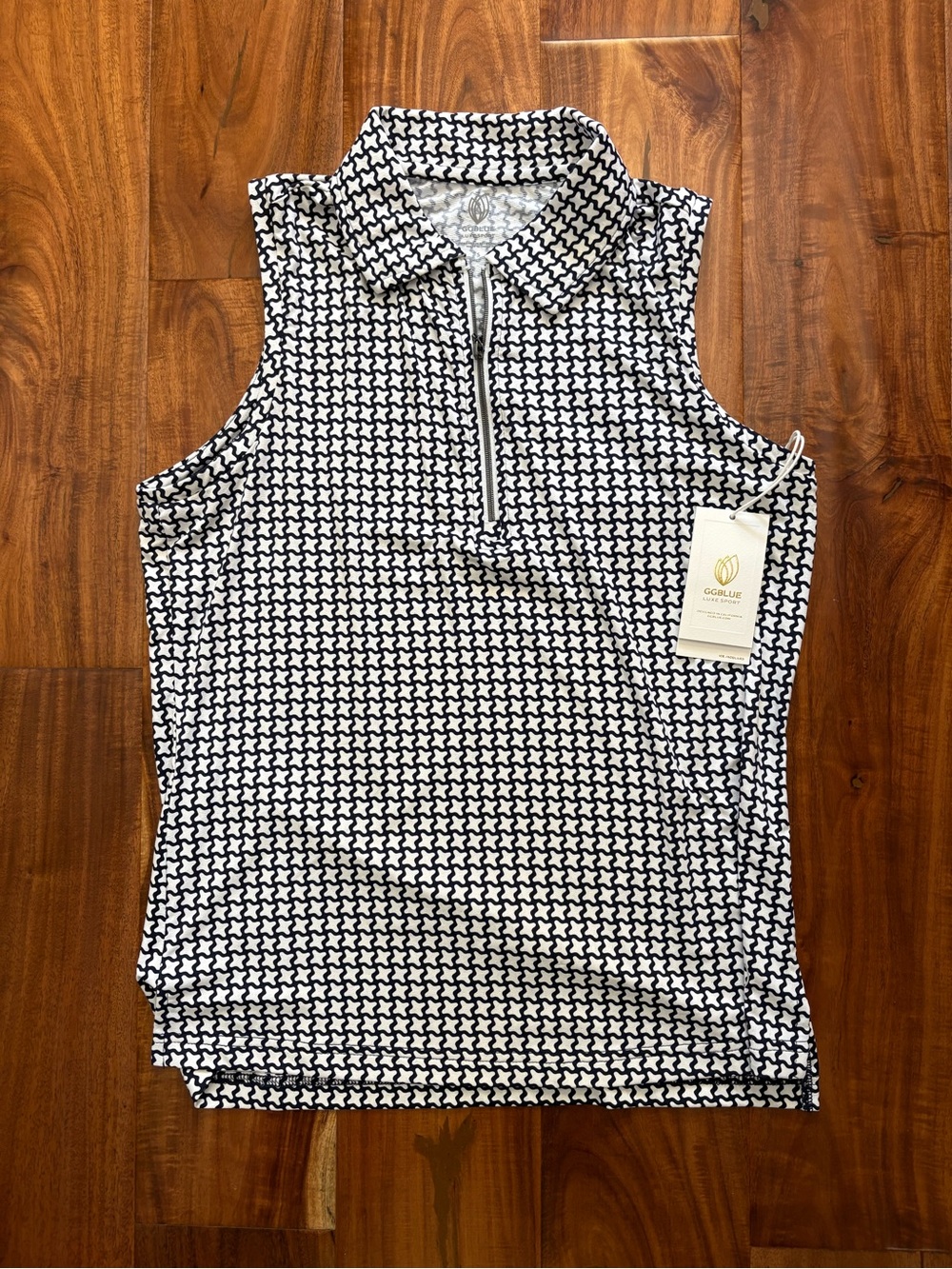 Ggblue Elina Ice Sleeveless Navy houndstooth top NWT